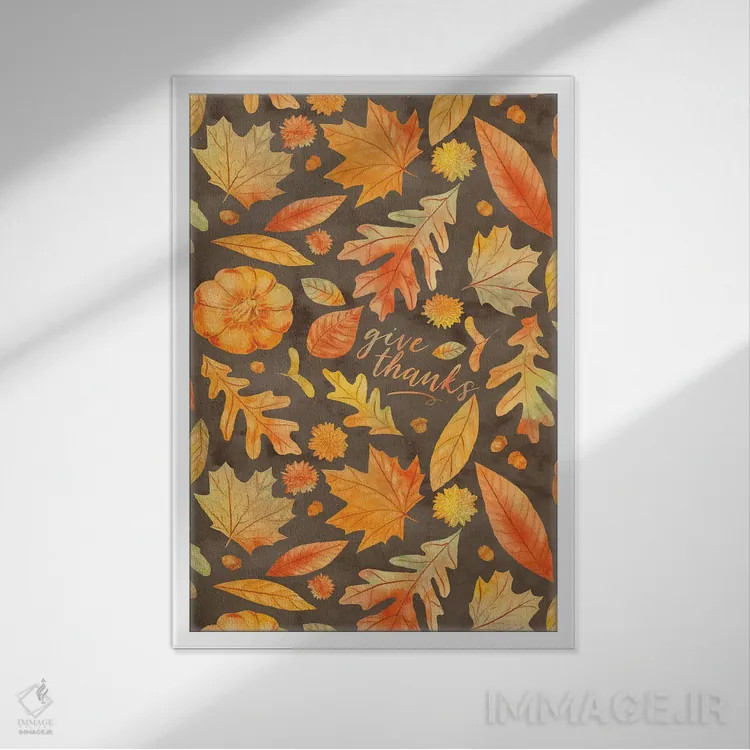 تابلو دکوراتیو شکرگزاری با برگ های پاییزی قهوه ای به سبک آبرنگ اثر ژاکلین مالدونادو - نمای قابدار سفید
