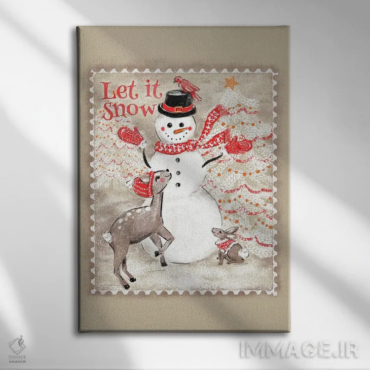 تابلو دکوراتیو مهر پستی آدم برفی "بگذار برف ببارد" اثر ژاکلین مالدونادو - نمای روبهرو روی دیوار