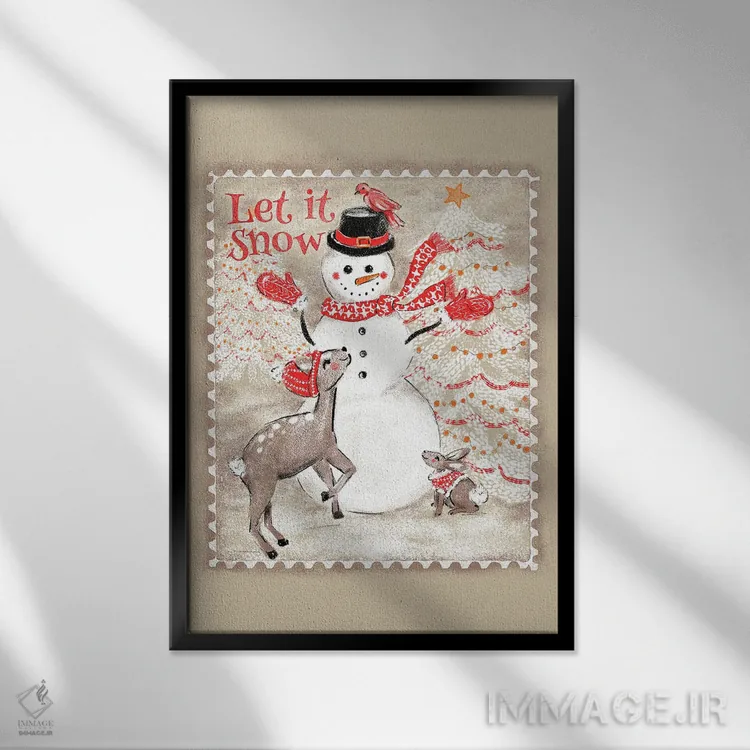 تابلو دکوراتیو مهر پستی آدم برفی "بگذار برف ببارد" اثر ژاکلین مالدونادو - نمای قابدار مشکی