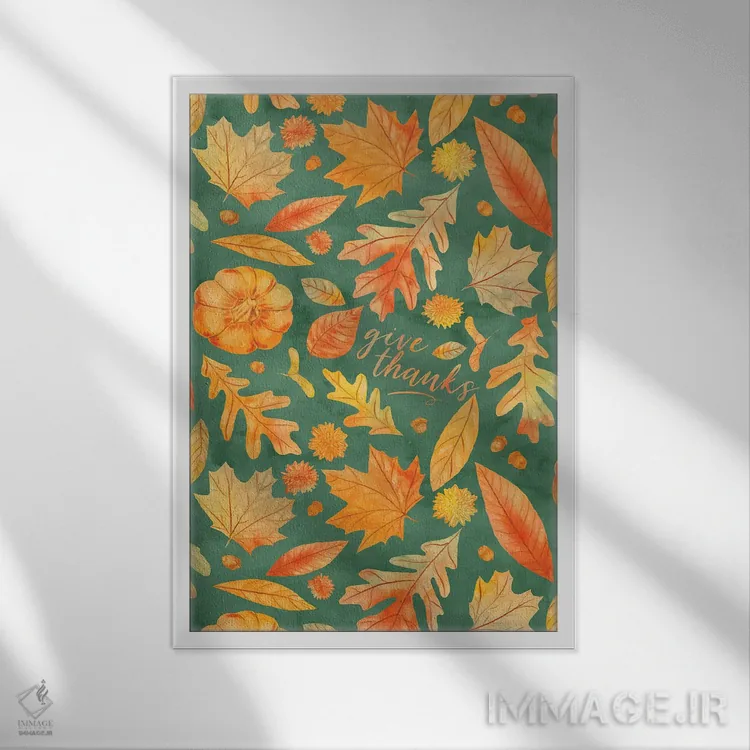 تابلو دکوراتیو شکرگزاری با برگ های پاییزی سبزآبی به سبک آبرنگ اثر ژاکلین مالدونادو - نمای قابدار سفید
