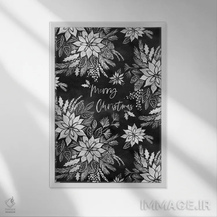 تابلو دکوراتیو پوینستیاهای کریسمسی روی تخته سیاه اثر ژاکلین مالدونادو - نمای قابدار سفید