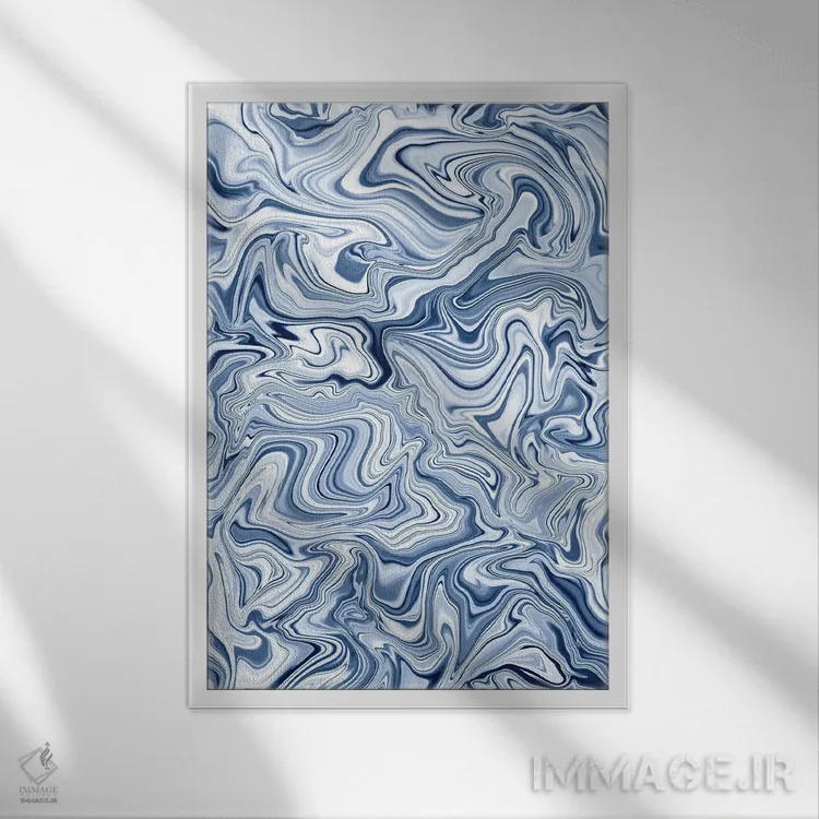 تابلو انتزاعی افسون عشق با طرح مرمرین آبی اثر ژاکلین مالدونادو - نمای قابدار سفید