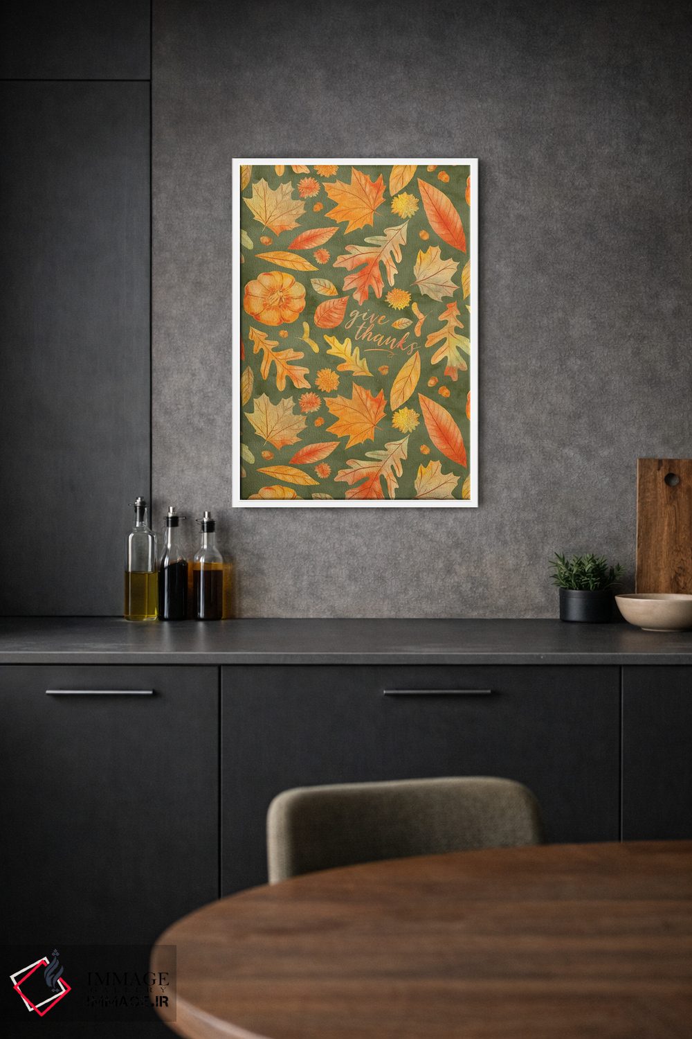 تابلو دکوراتیو شکرگزاری با برگ های پاییزی سبز به سبک آبرنگ اثر ژاکلین مالدونادو - D1W