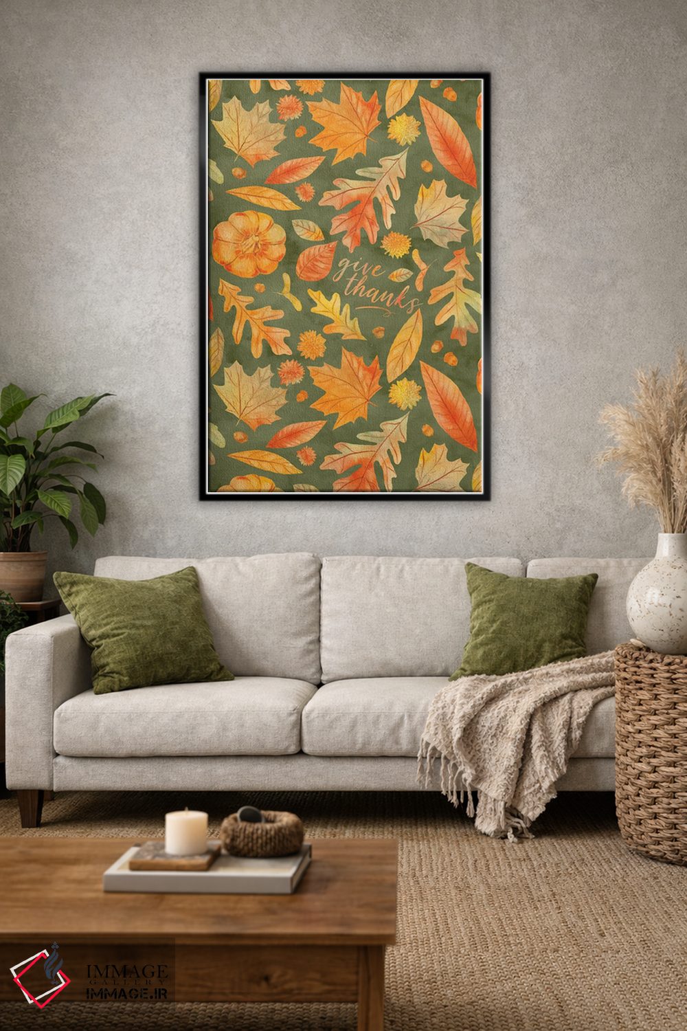 تابلو دکوراتیو شکرگزاری با برگ های پاییزی سبز به سبک آبرنگ اثر ژاکلین مالدونادو - D2B