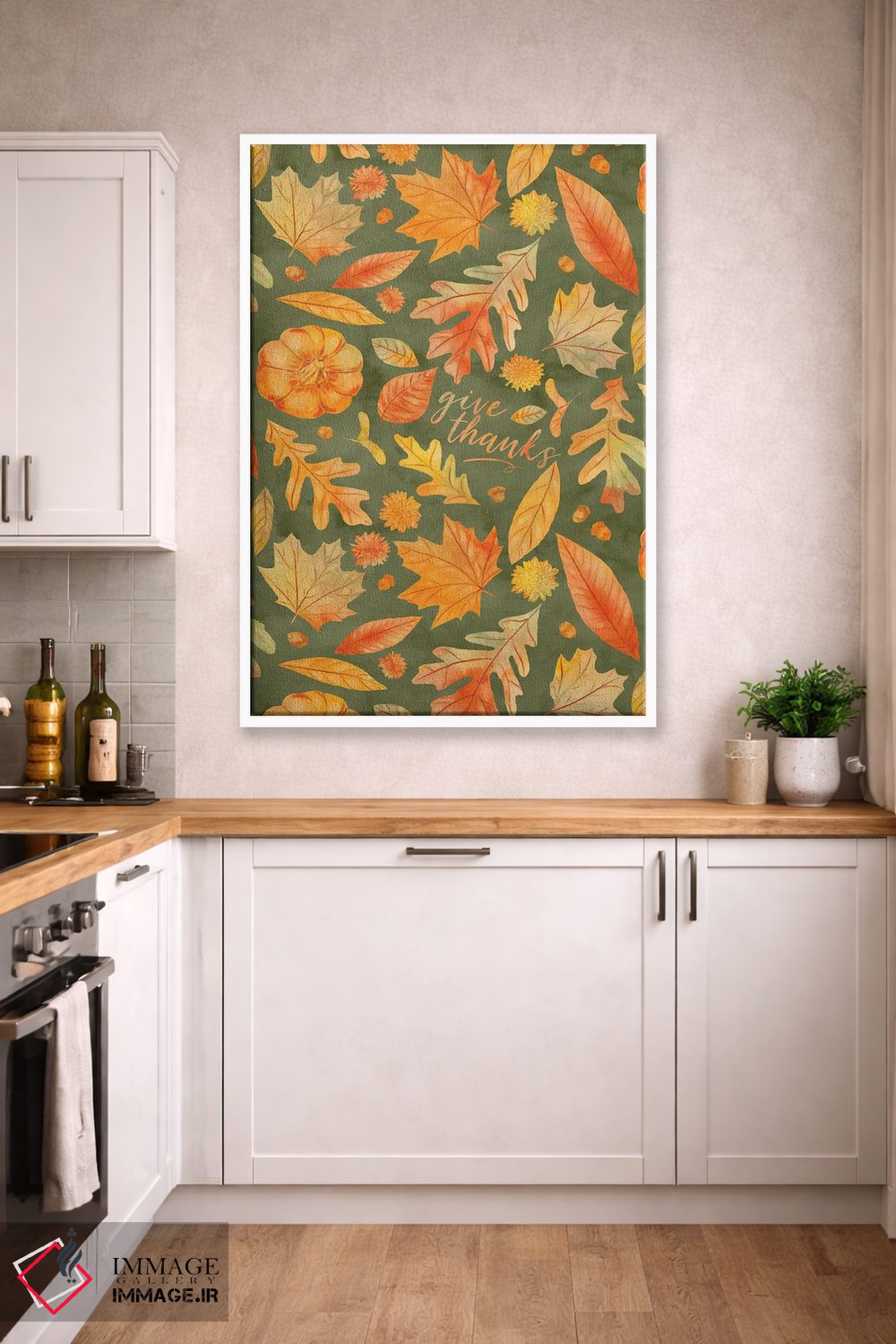 تابلو دکوراتیو شکرگزاری با برگ های پاییزی سبز به سبک آبرنگ اثر ژاکلین مالدونادو - D3W