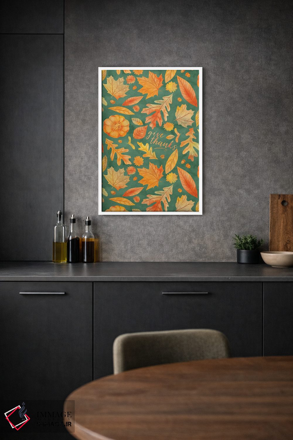 تابلو دکوراتیو شکرگزاری با برگ های پاییزی سبزآبی به سبک آبرنگ اثر ژاکلین مالدونادو - D1W
