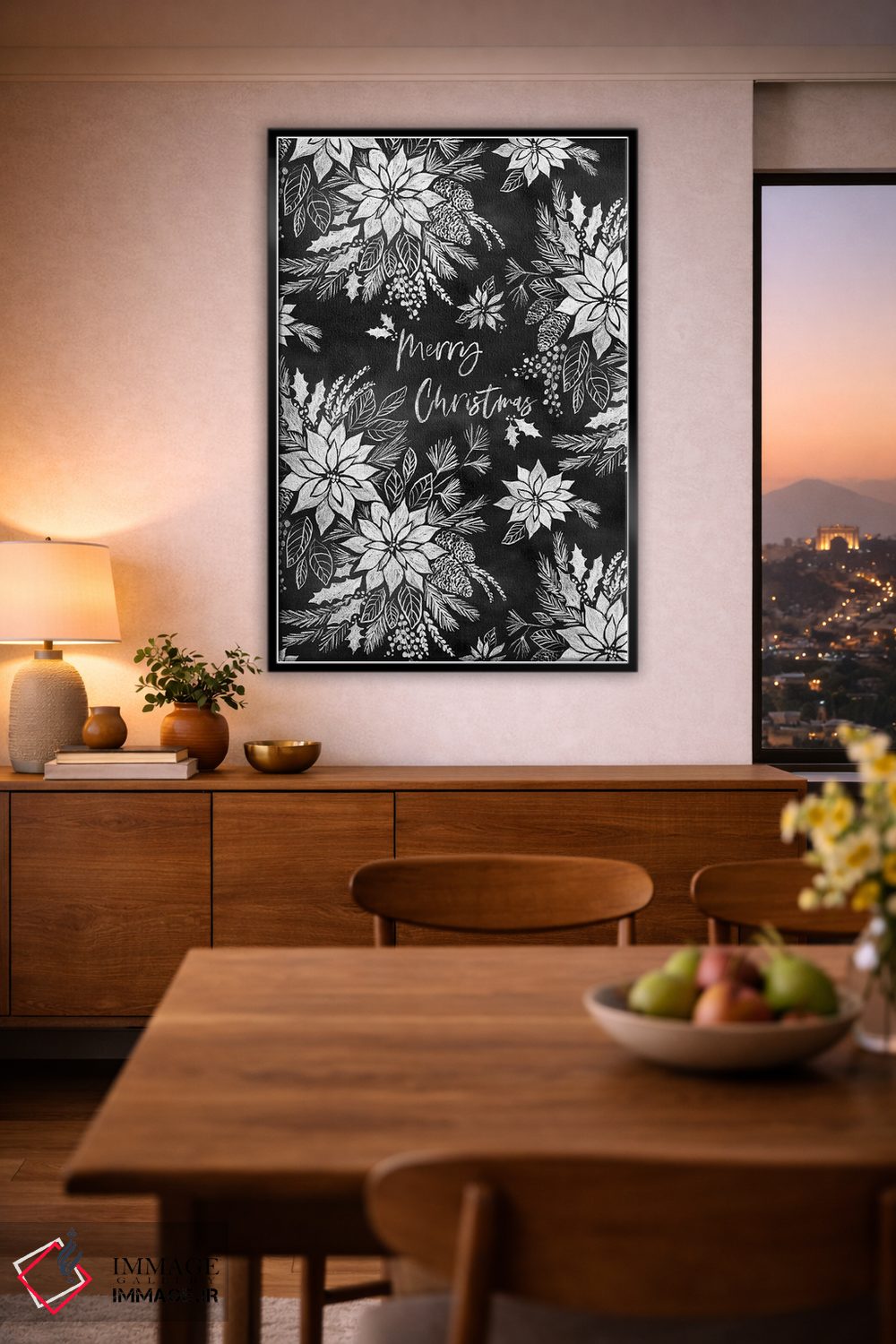 تابلو دکوراتیو پوینستیاهای کریسمسی روی تخته سیاه اثر ژاکلین مالدونادو - D2B