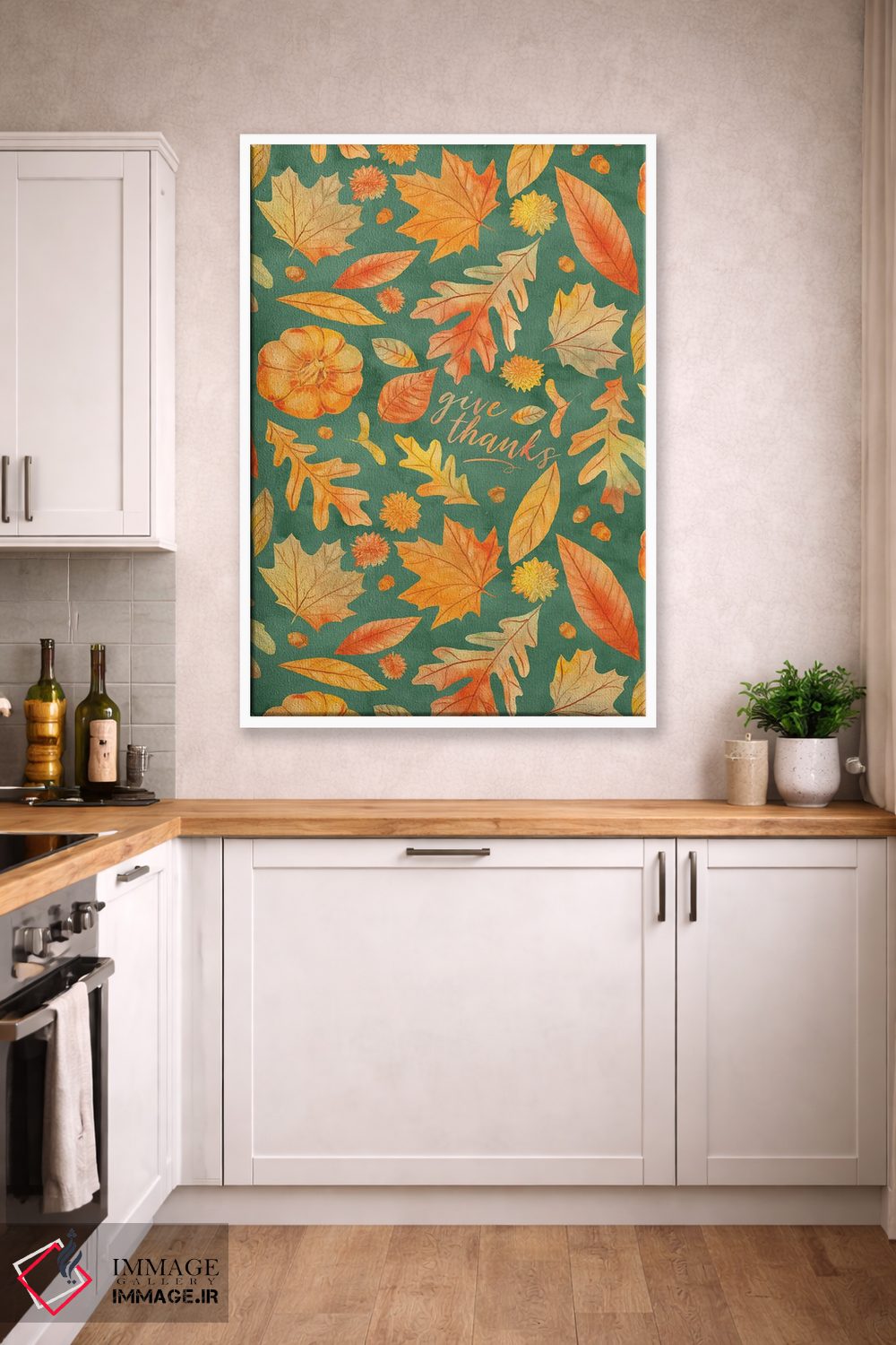 تابلو دکوراتیو شکرگزاری با برگ های پاییزی سبزآبی به سبک آبرنگ اثر ژاکلین مالدونادو - D4W