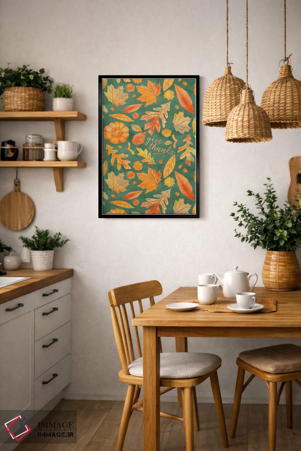 تابلو دکوراتیو شکرگزاری با برگ های پاییزی سبزآبی به سبک آبرنگ اثر ژاکلین مالدونادو - D6B