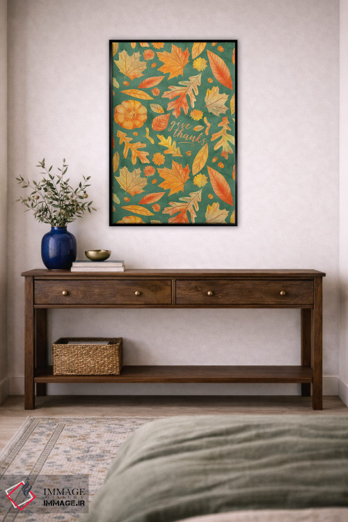 تابلو دکوراتیو شکرگزاری با برگ های پاییزی سبزآبی به سبک آبرنگ اثر ژاکلین مالدونادو - D5B