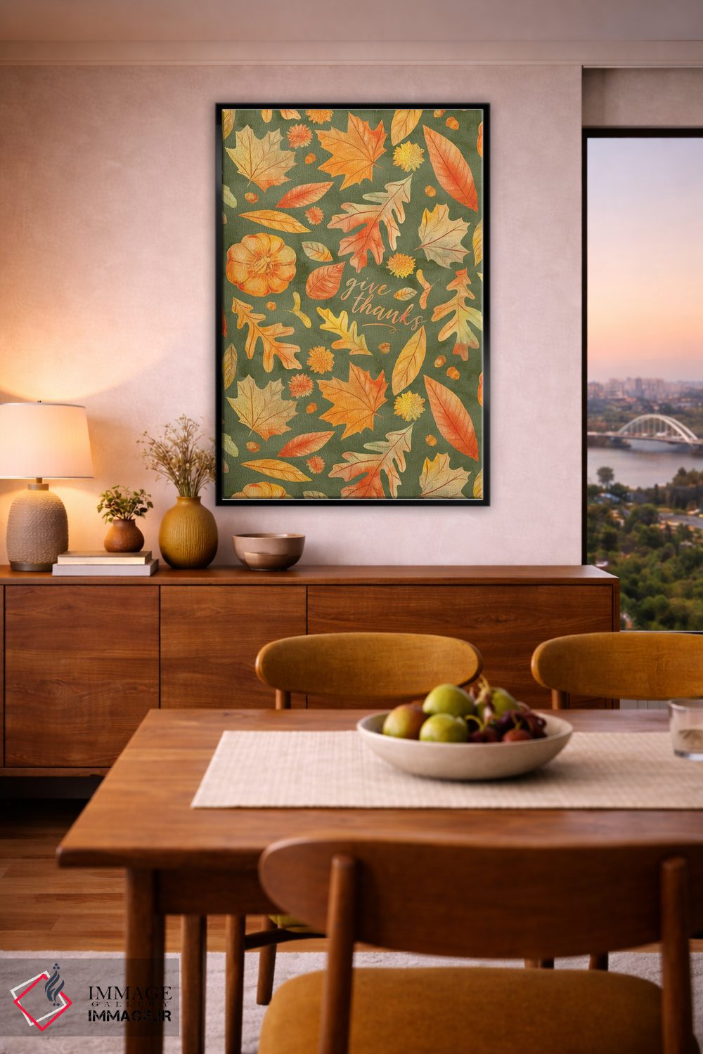 تابلو دکوراتیو شکرگزاری با برگ های پاییزی سبز به سبک آبرنگ اثر ژاکلین مالدونادو - D6B