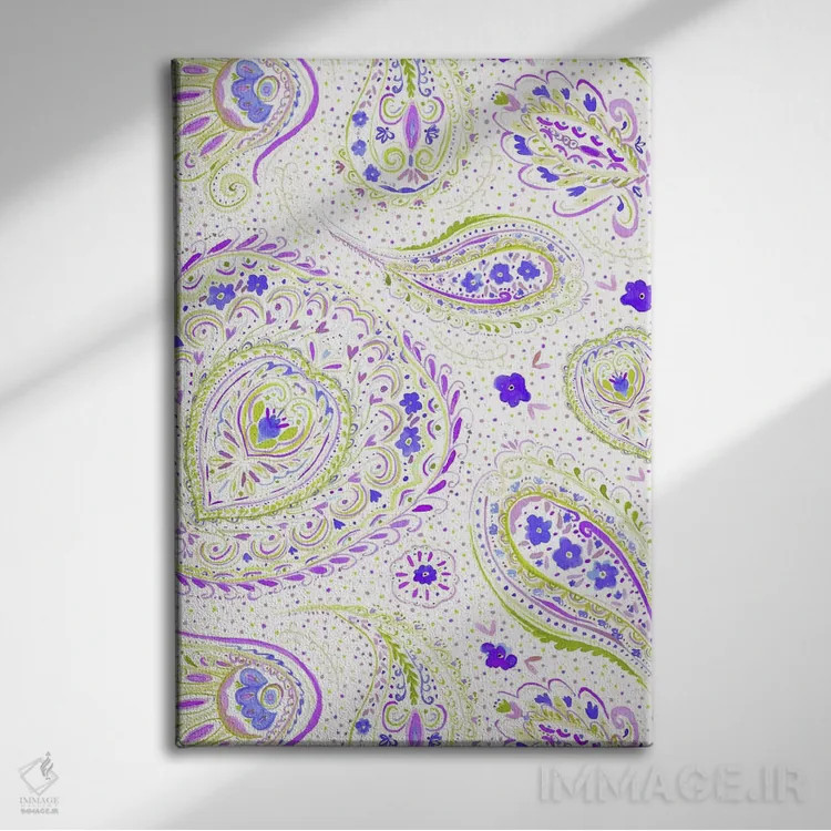 تابلو مدرن نقش بته جقه آبرنگی بنفش اثر ژاکلین مالدونادو - نمای روبهرو روی دیوار