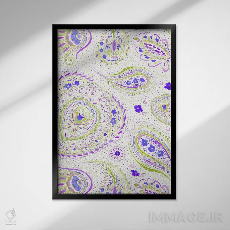 تابلو مدرن نقش بته جقه آبرنگی بنفش اثر ژاکلین مالدونادو - نمای قابدار مشکی