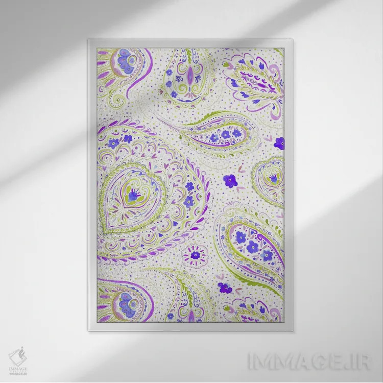 تابلو مدرن نقش بته جقه آبرنگی بنفش اثر ژاکلین مالدونادو - نمای قابدار سفید