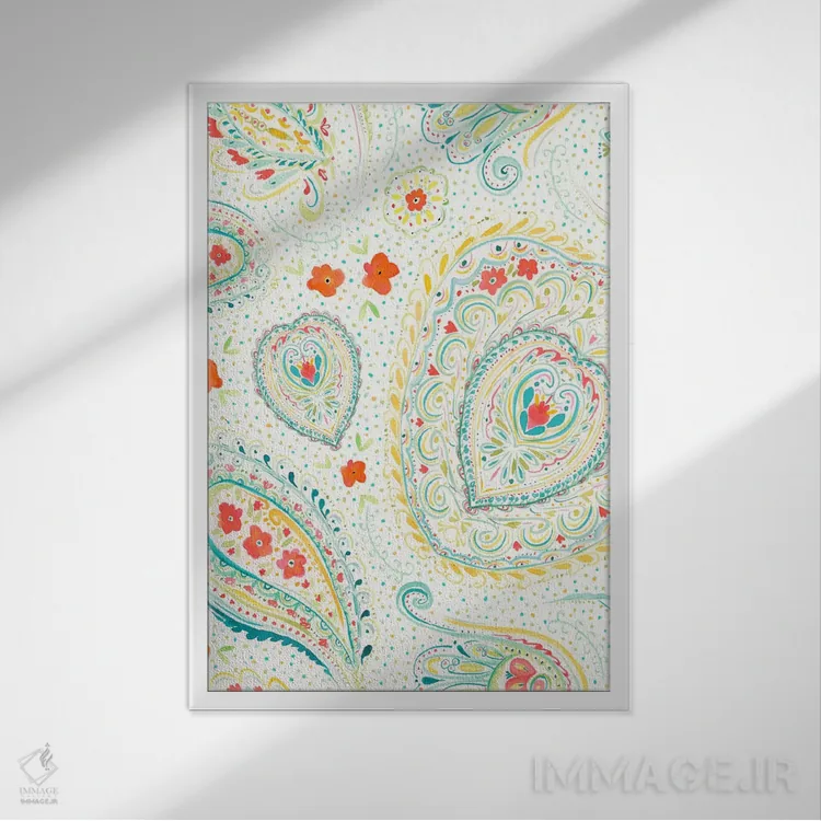 تابلو مدرن نقش بته جقه آبرنگی سبزآبی اثر ژاکلین مالدونادو - نمای قابدار سفید