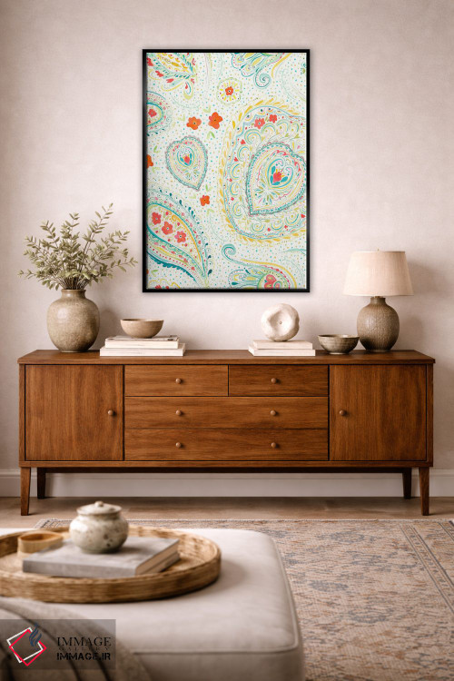 تابلو مدرن نقش بته جقه آبرنگی سبزآبی اثر ژاکلین مالدونادو - D3B