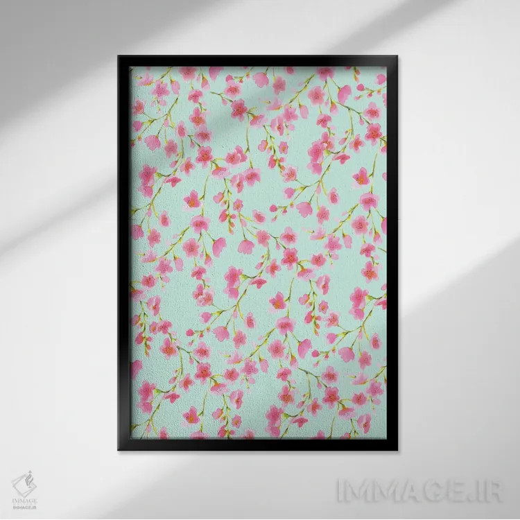 تابلو مدرن شکوفه گیلاس و نعنا اثر ژاکلین مالدونادو - نمای قابدار مشکی