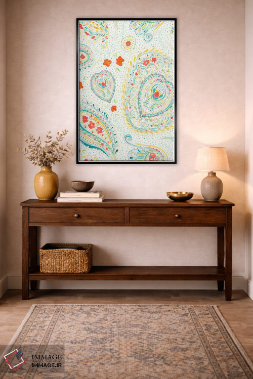 تابلو مدرن نقش بته جقه آبرنگی سبزآبی اثر ژاکلین مالدونادو - D4B