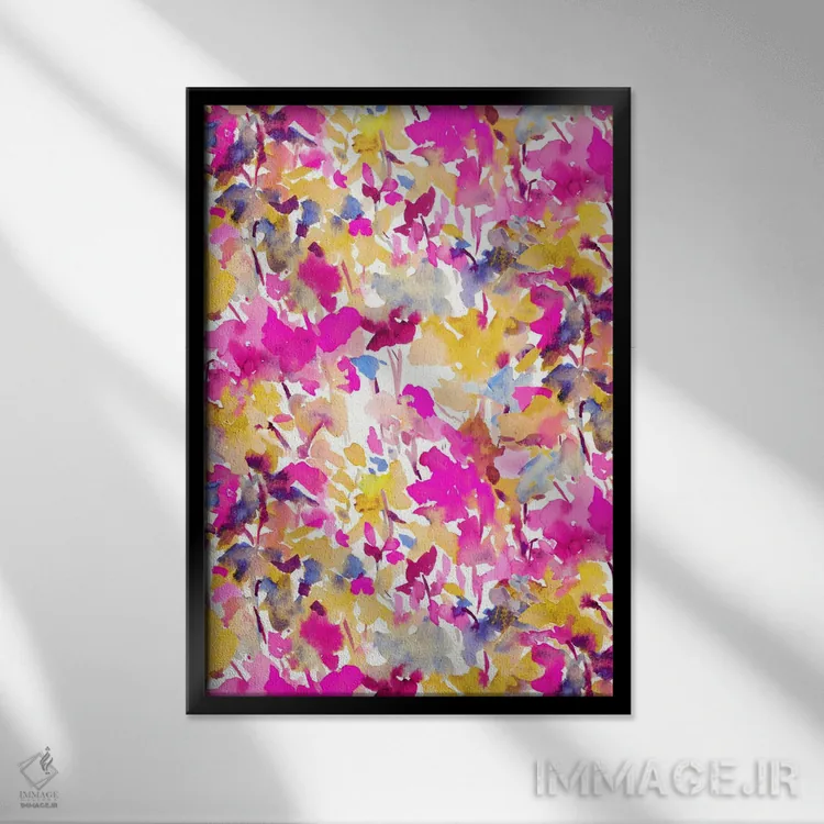 تابلو انتزاعی رنگ محلی صورتی زرد اثر ژاکلین مالدونادو - نمای قابدار مشکی