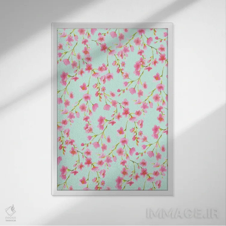 تابلو مدرن شکوفه گیلاس و نعنا اثر ژاکلین مالدونادو - نمای قابدار سفید