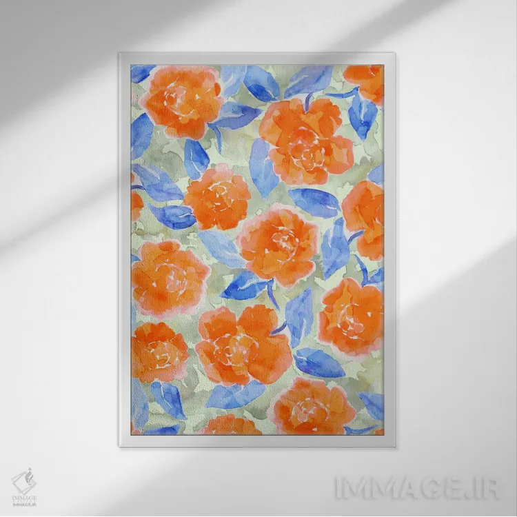 تابلو دکوراتیو شکوفه های صدتومانی خانه روستایی نارنجی اثر ژاکلین مالدونادو - نمای قابدار سفید