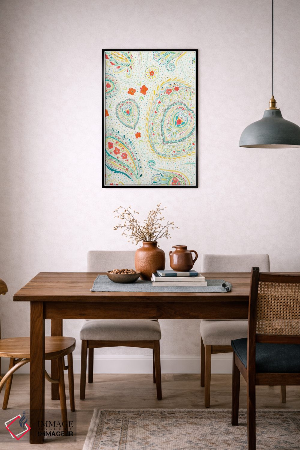 تابلو مدرن نقش بته جقه آبرنگی سبزآبی اثر ژاکلین مالدونادو - D6B