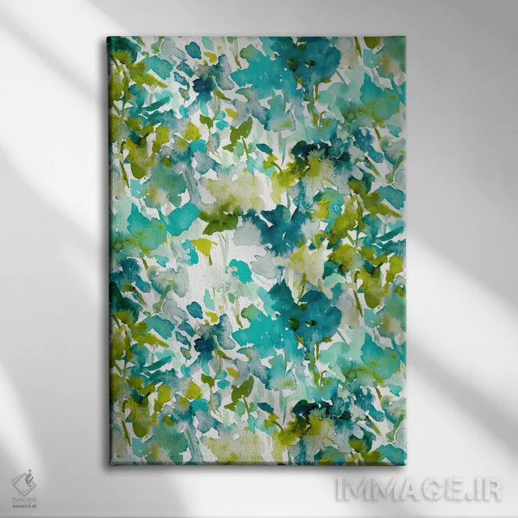تابلو انتزاعی چاپ رنگ محلی سبزآبی اثر ژاکلین مالدونادو - نمای روبهرو روی دیوار
