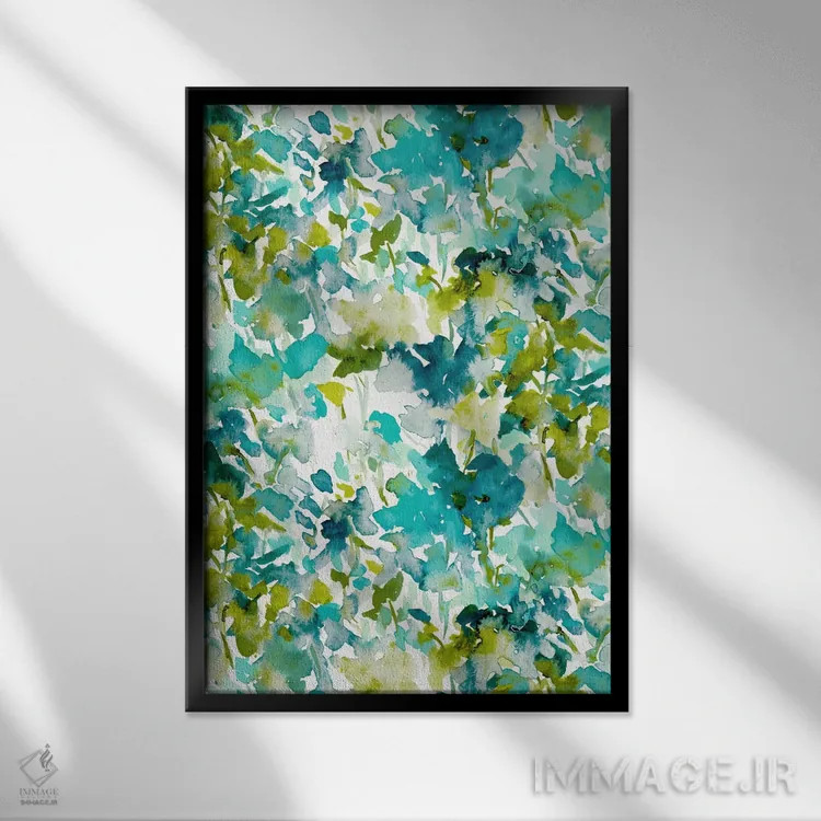 تابلو انتزاعی چاپ رنگ محلی سبزآبی اثر ژاکلین مالدونادو - نمای قابدار مشکی