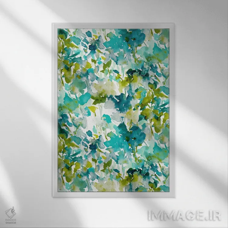 تابلو انتزاعی چاپ رنگ محلی سبزآبی اثر ژاکلین مالدونادو - نمای قابدار سفید