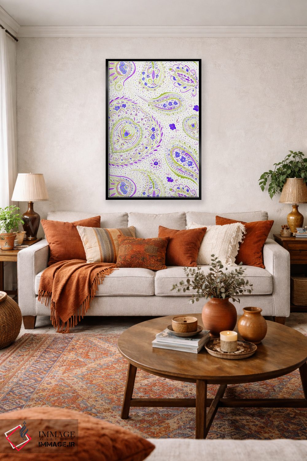 تابلو مدرن نقش بته جقه آبرنگی بنفش اثر ژاکلین مالدونادو - D4B