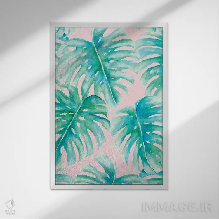 تابلو مدرن نخل های بهشتی صورتی کم رنگ اثر ژاکلین مالدونادو - نمای قابدار سفید