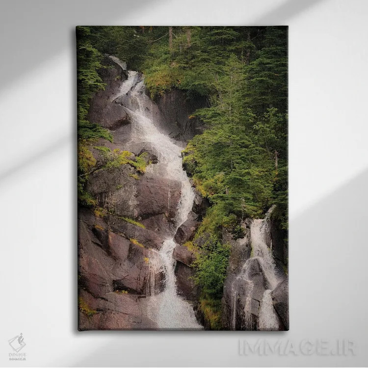 تابلو دکوراتیو شبه جزیره کنای، دو آبشار احاطه شده با درختان کاج اثر جنت مویر - نمای روبهرو روی دیوار