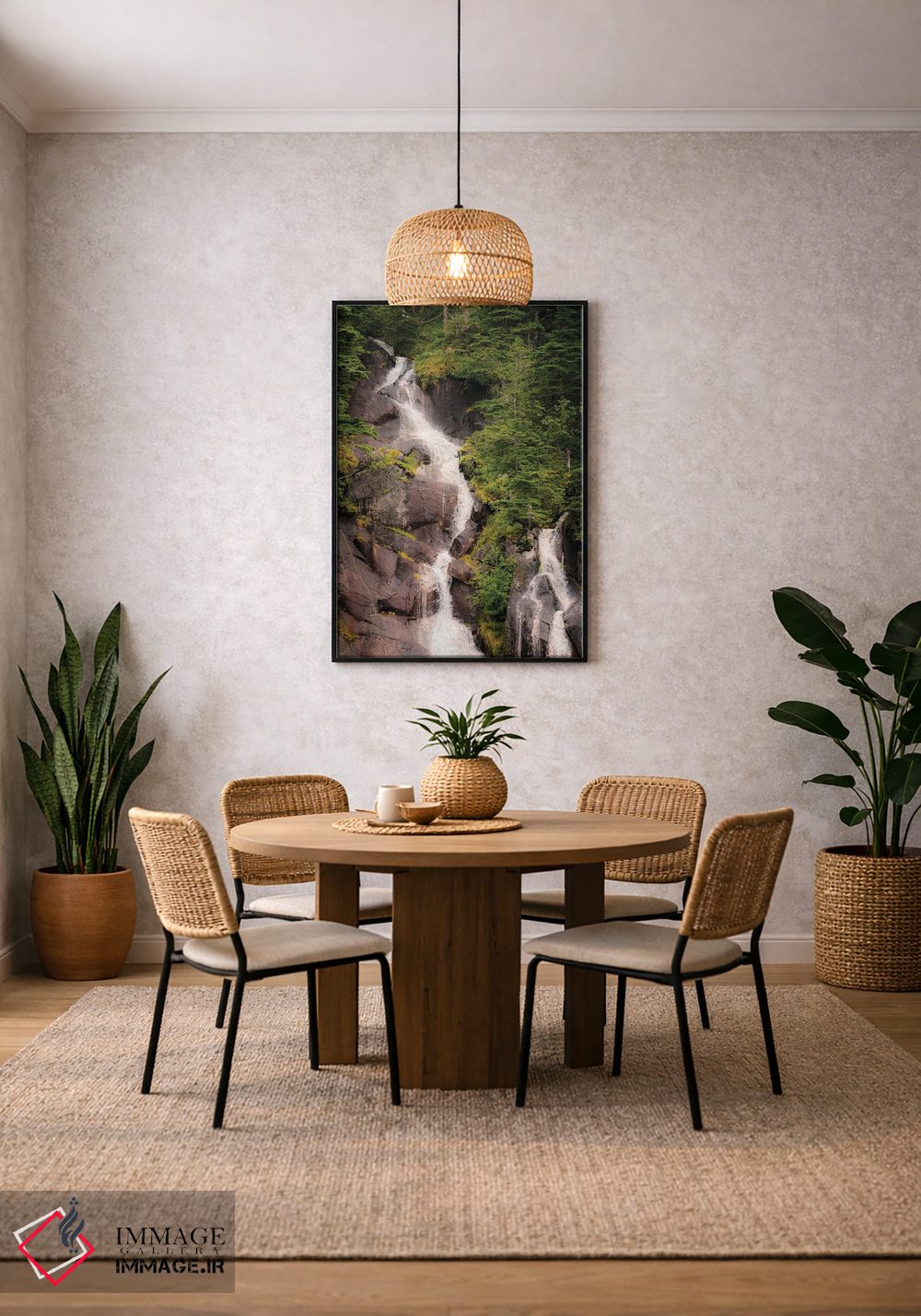 تابلو دکوراتیو شبه جزیره کنای، دو آبشار احاطه شده با درختان کاج اثر جنت مویر - D4B
