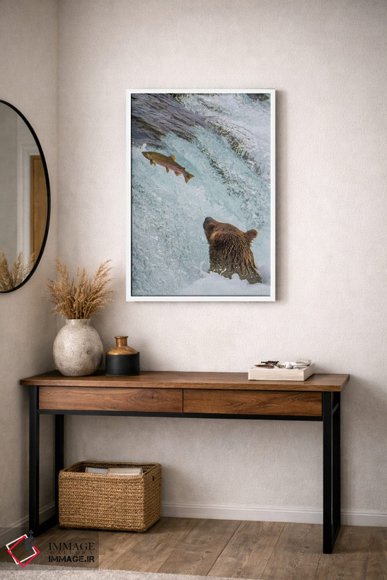 تابلو دکوراتیو Brooks Falls Grizzly Ear At The Base Of The Falls Watching A F… اثر جنت مویر - D3W