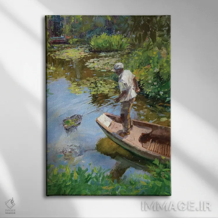 تابلو دکوراتیو کارگر حوضچه نیلوفر آبی مونه اثر جیمز سوآنسون - نمای روبهرو روی دیوار
