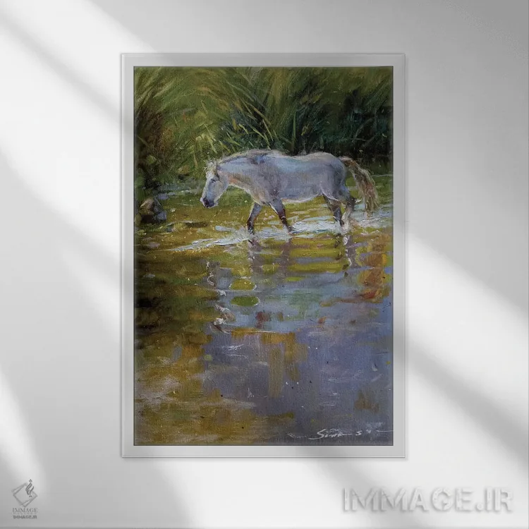 تابلو دکوراتیو اسب در آب اثر جیمز سوآنسون - نمای قابدار سفید