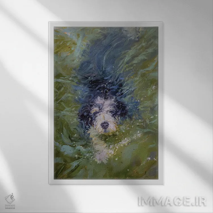 تابلو دکوراتیو سگ در آب سبز اثر جیمز سوآنسون - نمای قابدار سفید