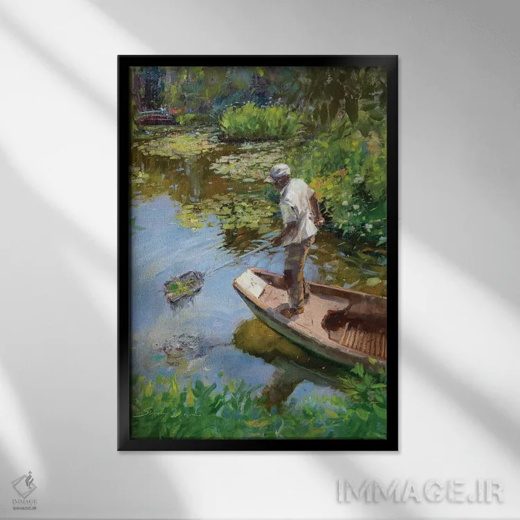 تابلو دکوراتیو کارگر حوضچه نیلوفر آبی مونه اثر جیمز سوآنسون - نمای قابدار مشکی