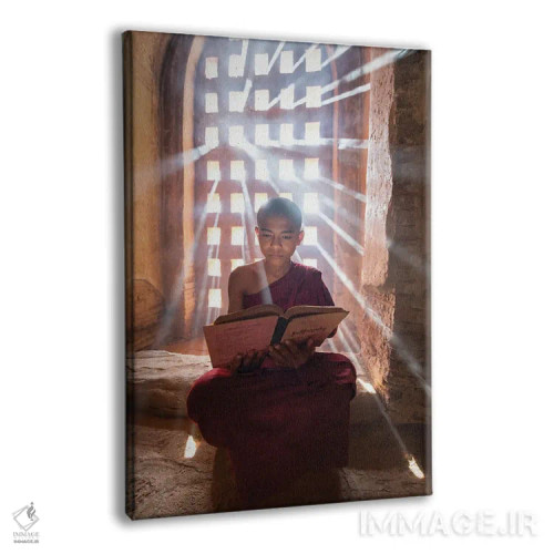 تابلو دکوراتیو Bagan, Myanmar,راهب نوآموز برمه ای در حال خواندن کتاب در معبدی… اثر یان بکه - نمای پرسپکتیو محصول
