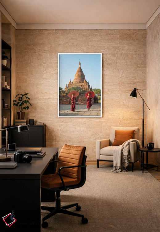 تابلو دکوراتیو Bagan, Myanmar,دو راهب نوجوان مبتدی با چتر قرمز ایستاده در مقاب… اثر یان بکه - D5W