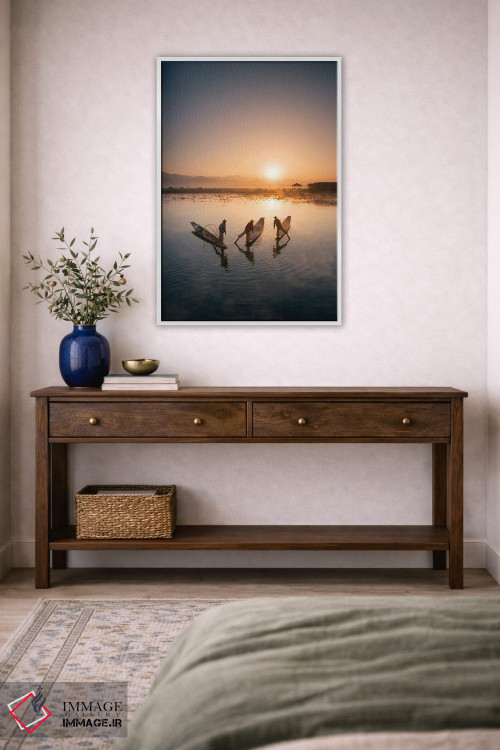 تابلو دکوراتیو Inle Lake, Myanmar,گروهی از ماهیگیران اینتا هنگام طلوع خورشید… اثر یان بکه - D2W