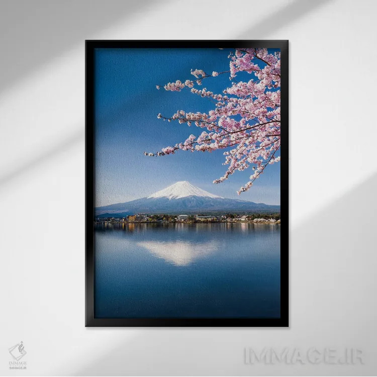 تابلو دکوراتیو Japan,شکوفه گیلاس و کوه فوجی در دریاچه کاواگوچیکو، ژاپن اثر یان بکه - نمای قابدار مشکی
