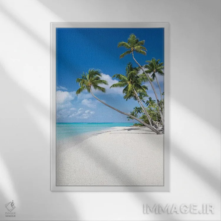 تابلو دکوراتیو درختان نارگیل در ساحل بورا بورا اثر یان بکه - نمای قابدار سفید
