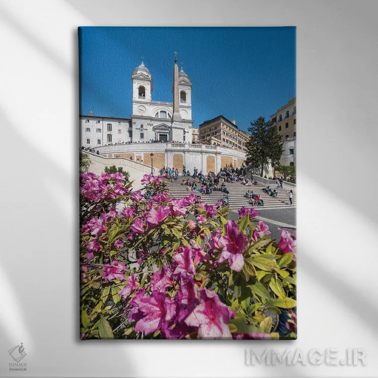 تابلو دکوراتیو Rome, Italy,گلهای آزالیا در بهار در پلکان اسپانیایی، رم، ایتالی… اثر یان بکه - نمای روبهرو روی دیوار