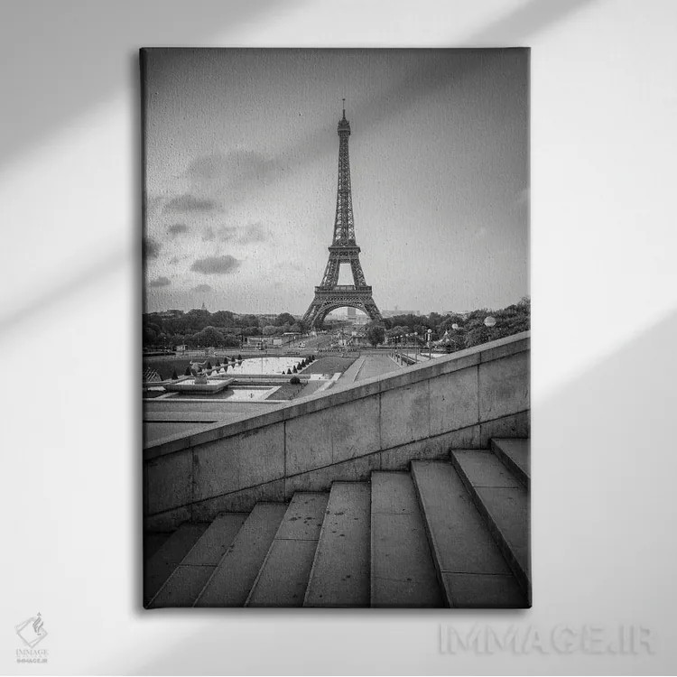 تابلو دکوراتیو باغ های تروکادرو و برج ایفل به صورت سیاه و سفید اثر یان بکه - نمای روبهرو روی دیوار