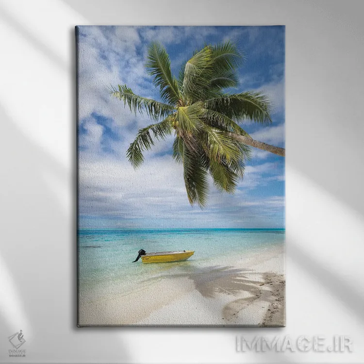 تابلو دکوراتیو Bora Bora, French Polynesia,ساحل استوایی با نخل و قایق، بورا بو… اثر یان بکه - نمای روبهرو روی دیوار
