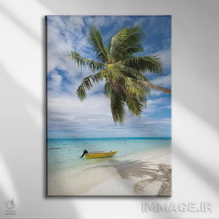 تابلو دکوراتیو Bora Bora, French Polynesia,ساحل استوایی با نخل و قایق، بورا بو… اثر یان بکه - نمای روبهرو روی دیوار
