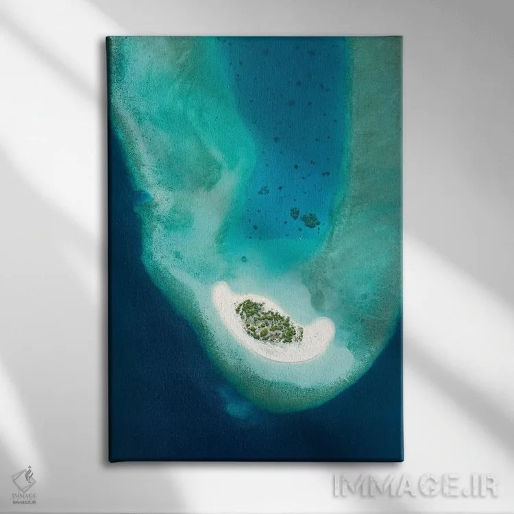 تابلو دکوراتیو نمای هوایی از یک جزیره استوایی کوچک در مالدیو اثر یان بکه - نمای روبهرو روی دیوار