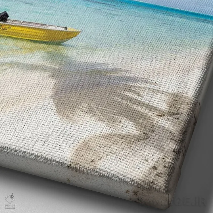 تابلو دکوراتیو Bora Bora, French Polynesia,ساحل استوایی با نخل و قایق، بورا بو… اثر یان بکه - نمای نزدیک بافت بوم