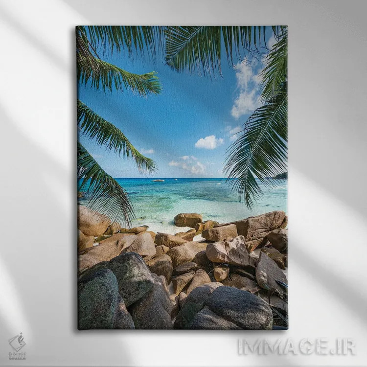 تابلو دکوراتیو Anse Lazio, Praslin Island, Seychelles,صخره های طبیعی با درختان… اثر یان بکه - نمای روبهرو روی دیوار